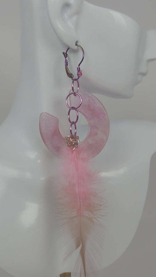 Lovely Pink Open End Hoops with a Hanging Pink Faux Feather