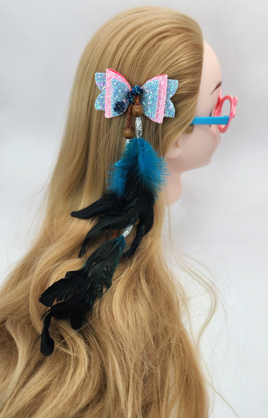 Pink and Baby Blue Hair Bow with Faux Feathers