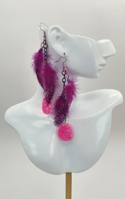 Dangle Fuchsia Fuax Feather Earring with Pink Resin Drop