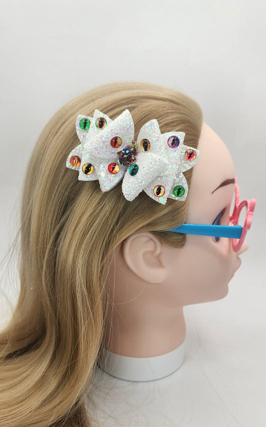 Textured White Hair Bow with Multi-colored Eyes