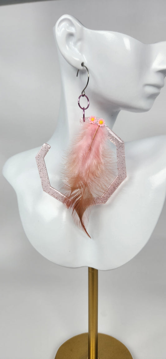 Pretty Pink Resin Glitter Hoop Earrings with Pink Faux Feathers