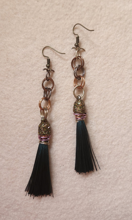 Forest Green Tassel Earrings with Multi-colored Rings