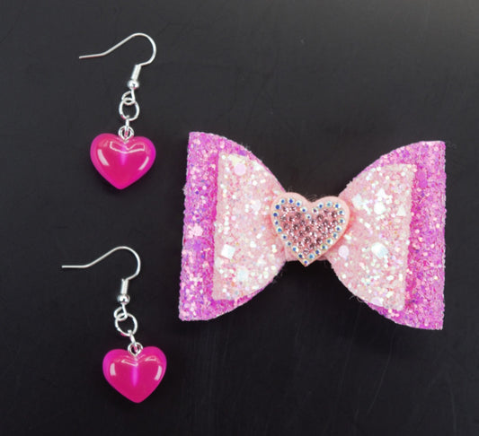 Pretty Pink Precious Hair Bow Set with Earrings