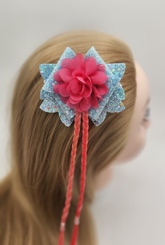 Iridescent Blue Bow with a Chiffon Flower & Artificial Hot Pink Hair