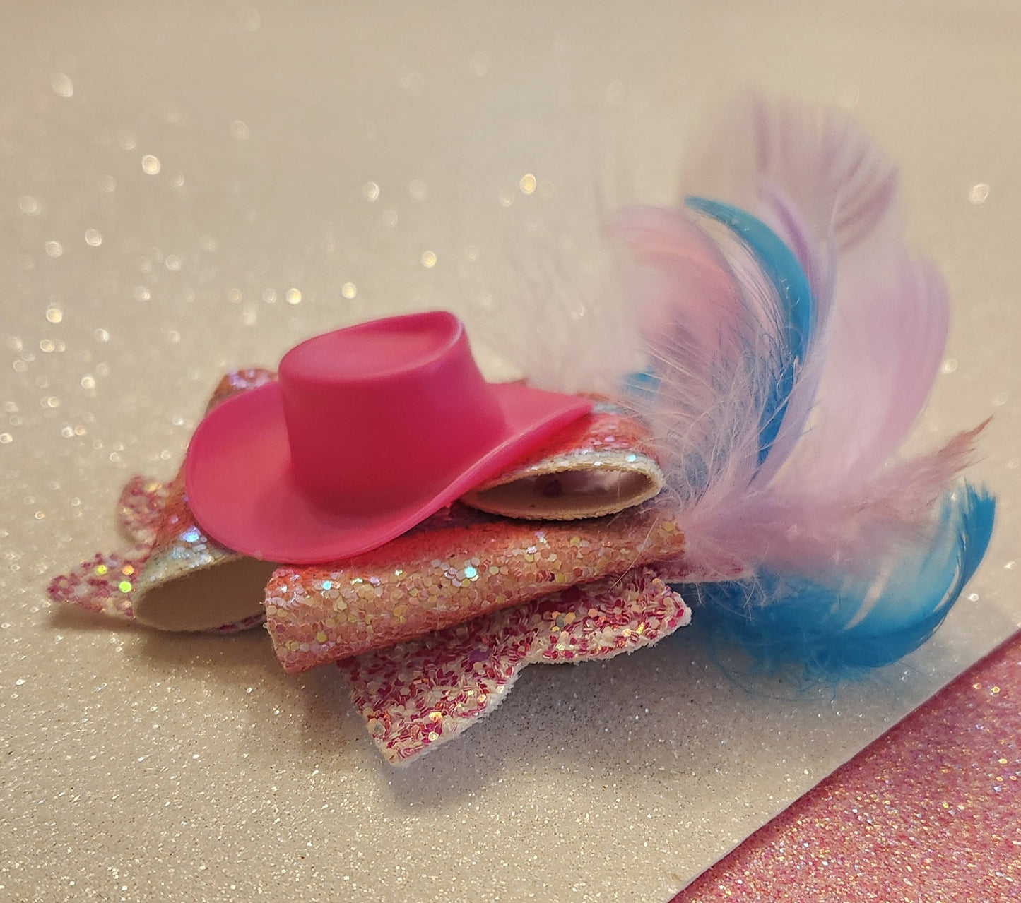 Glam Hot Pink Cowgirl Hat Hair Bow with Faux Feathers