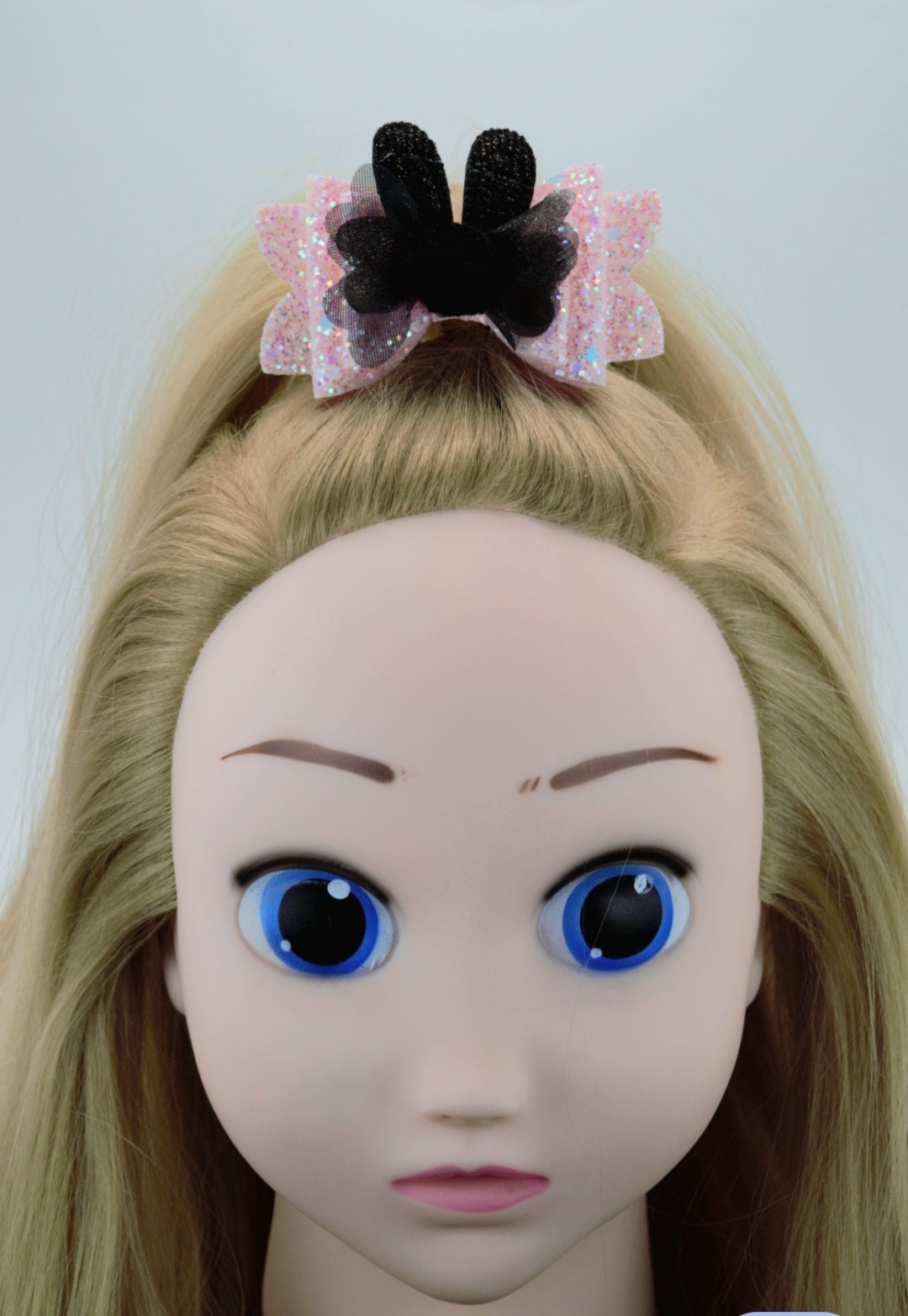 Baby Pink Glitter Bow w/ Cute Black Bunny