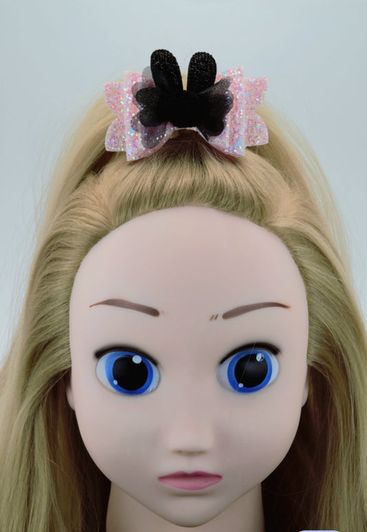 Baby Pink Glitter Bow w/ Cute Black Bunny