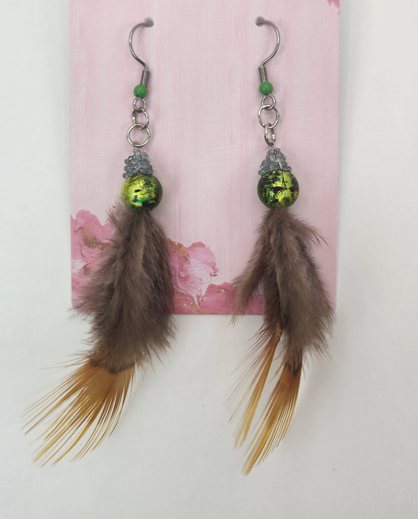 Faux Tail Feather with Green Glass Bead