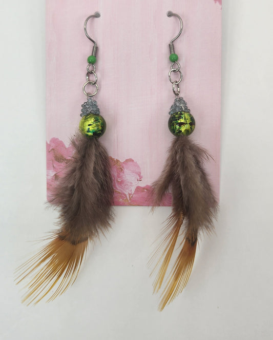 Faux Tail Feather with Green Glass Bead