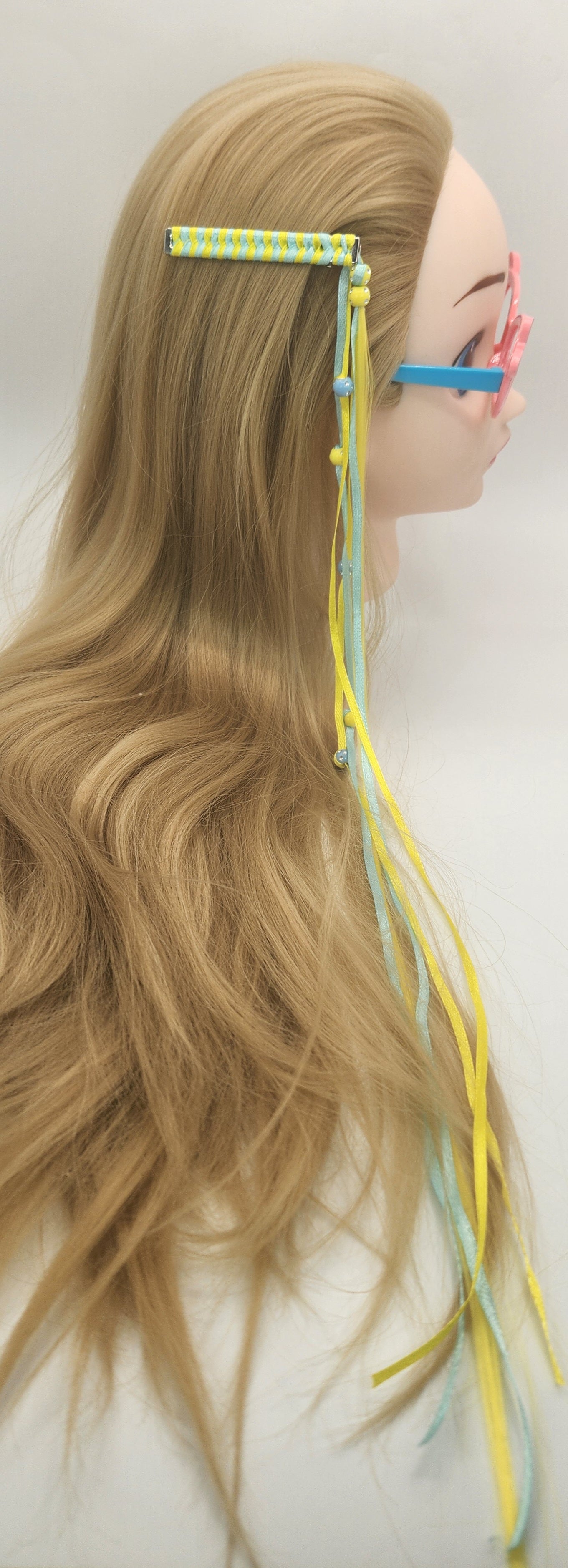Hair Clip with Blue and Yellow Dangling Ribbon and Yellow Artificial Hair