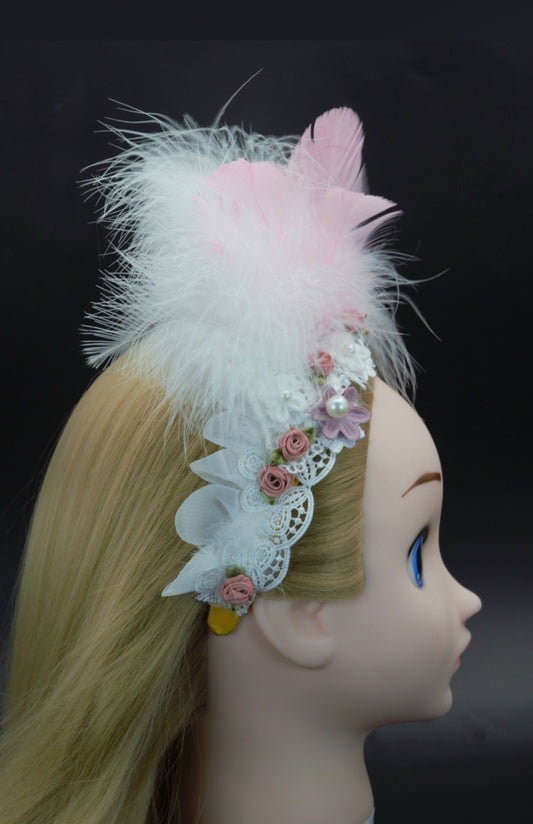 Breathtaking Vintage Inspired Headband with Faux Feathers and Fabric Flowers