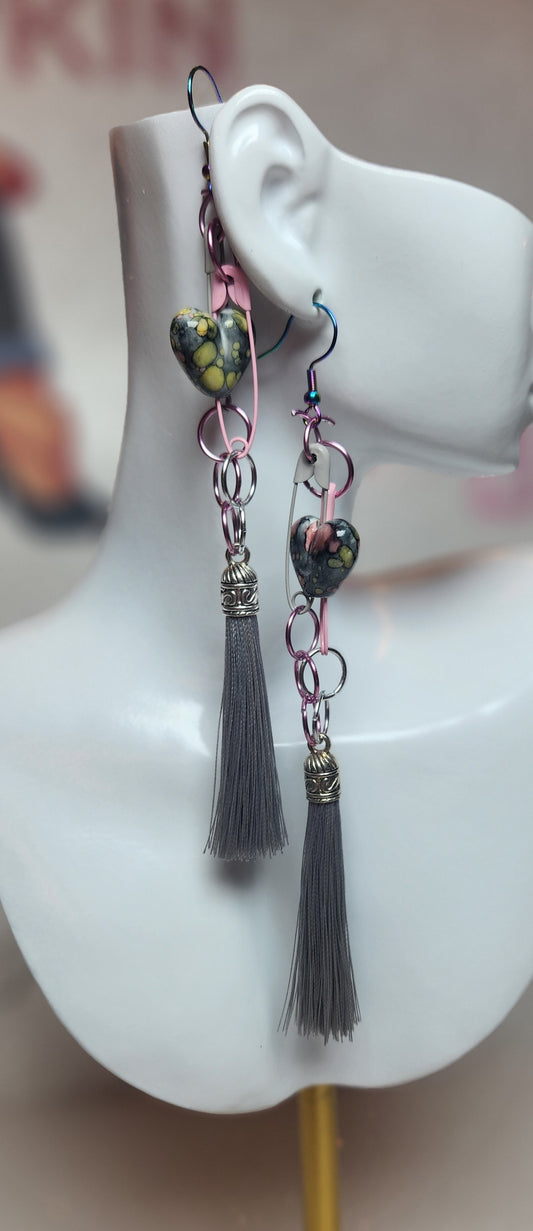 Pin Thru The Gray Heart Earrings w/Tassels