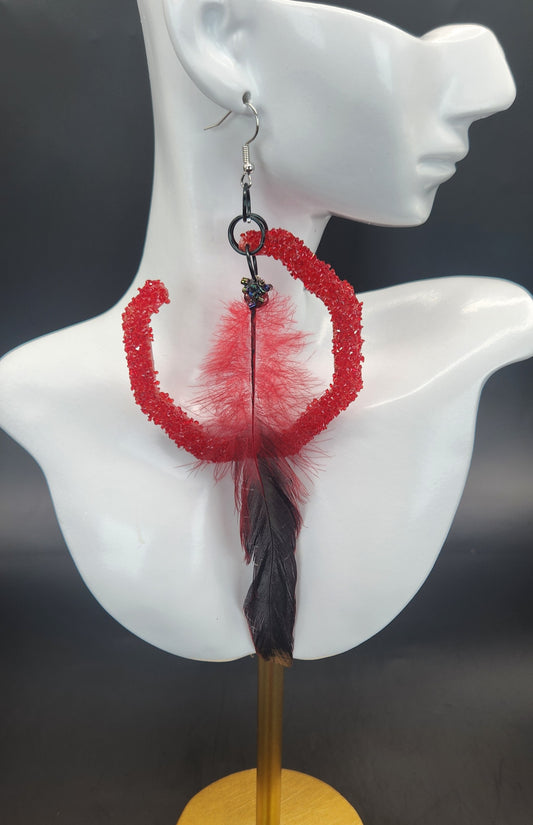 Red Open Resin Glitter Hoop with Faux Feather