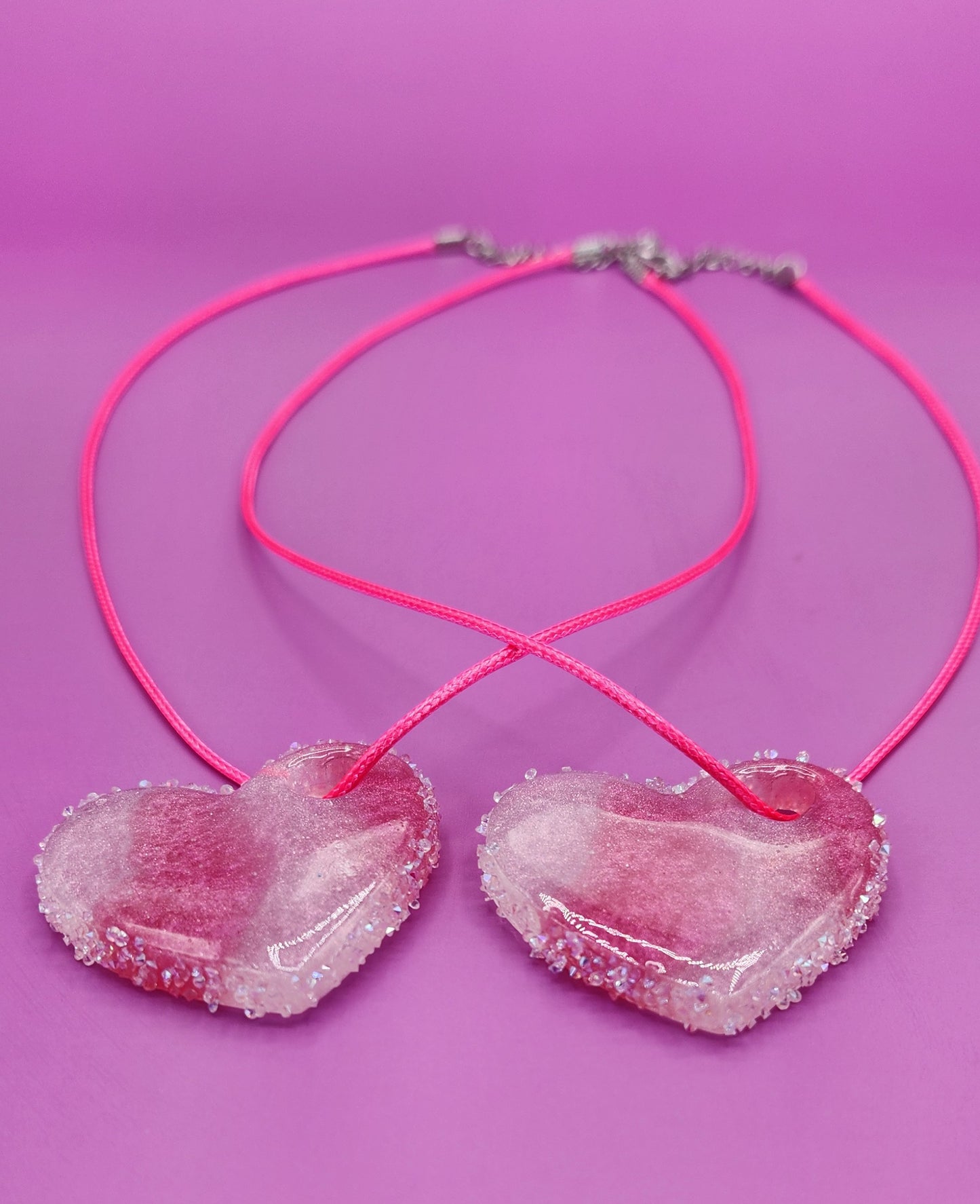 BFF Pink & White Stripped Resin Heart Necklace