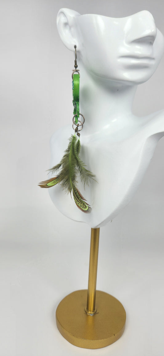 Green Resin Heart with Green Faux Feather Earrings