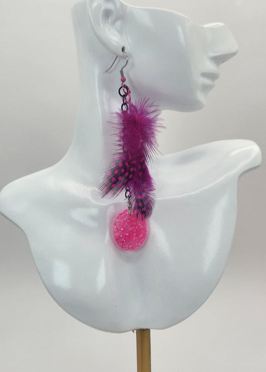 Dangle Fuchsia Fuax Feather Earring with Pink Resin Drop