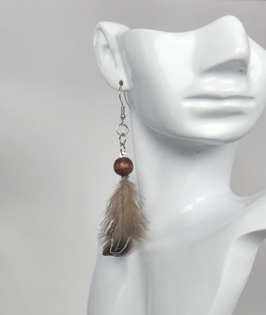 Dangle Naturalist Faux Feather Earring with Wooden Bead.
