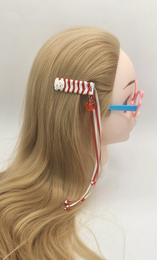 Hello Kitty Hair Clip with Red and White Dangling Ribbon