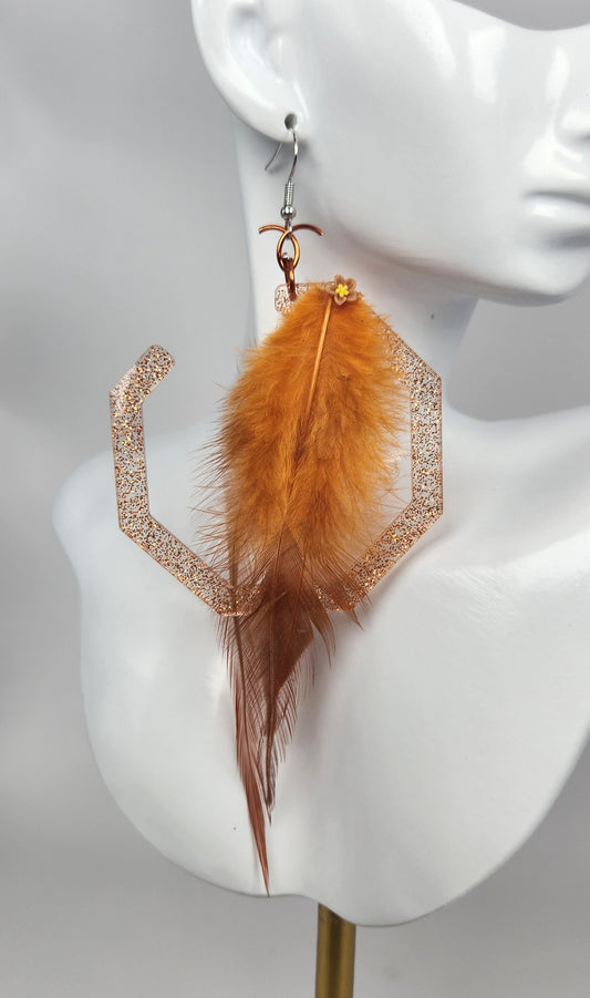 Orange and Brown Open Resin Glitter Hoop with Faux Feather