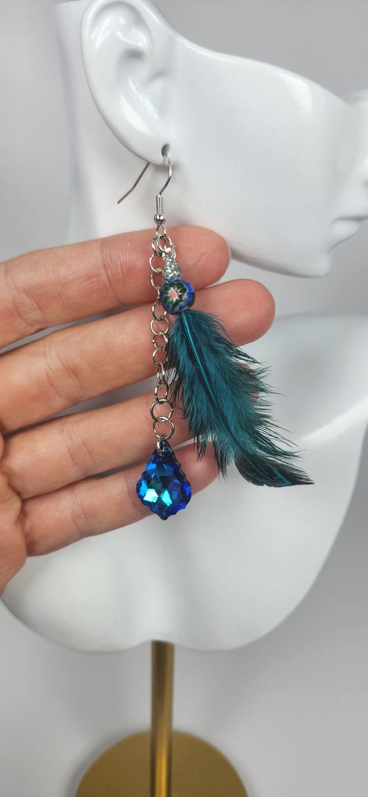 Teal Faux Feather with Faux Blue Crystal Teardrop