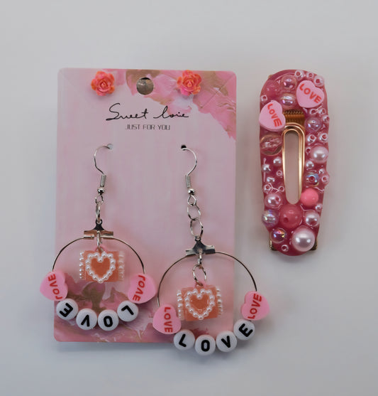 Asymmetrical Love Hoop Earring Set with Hair Clip.