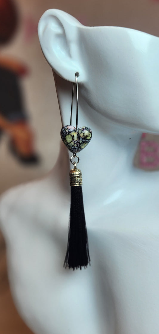 Spotted Black Heart Earrings w/Tassels