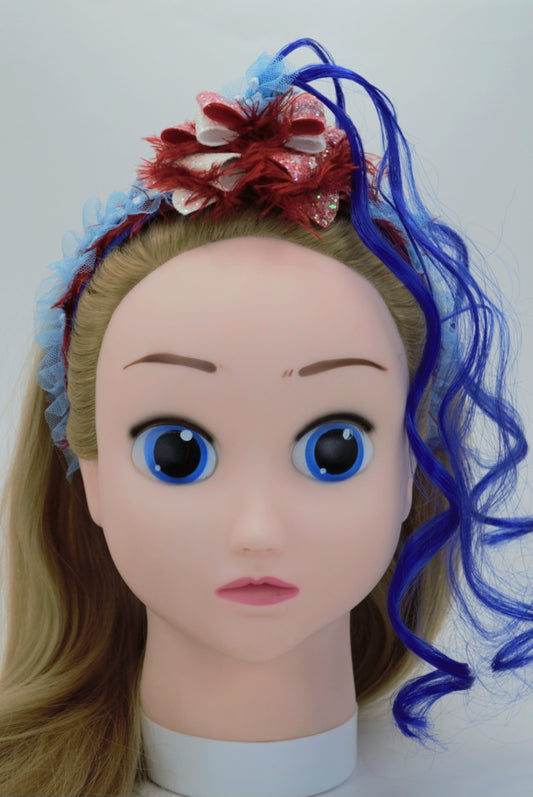 Sky High Red Hair Bow w/Curly Blue Hair Headband
