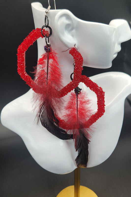 Red Open Resin Glitter Hoop with Faux Feather