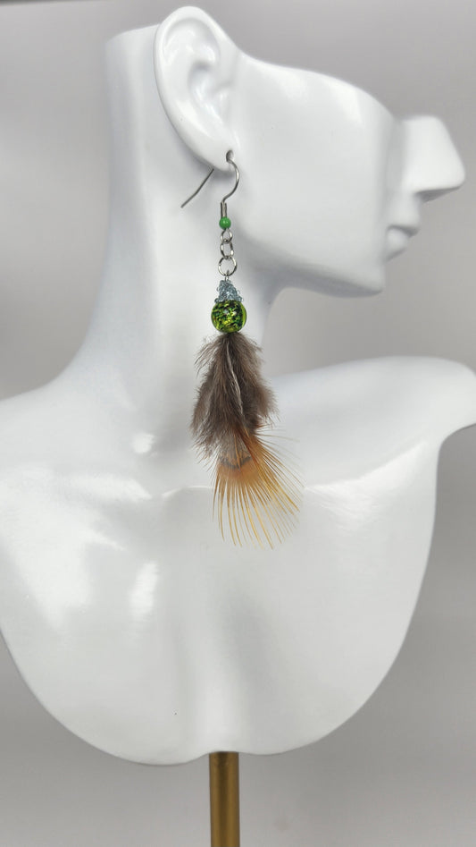 Faux Tail Feather with Green Glass Bead