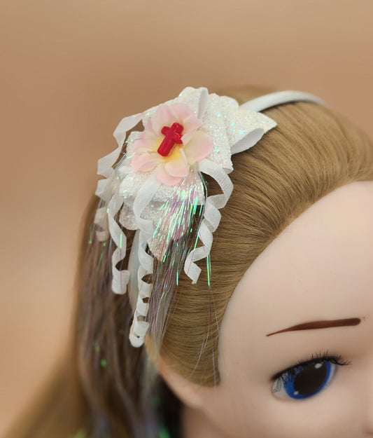 Angelic Headband w/White Flowered Bow and Iridescent Tinsel