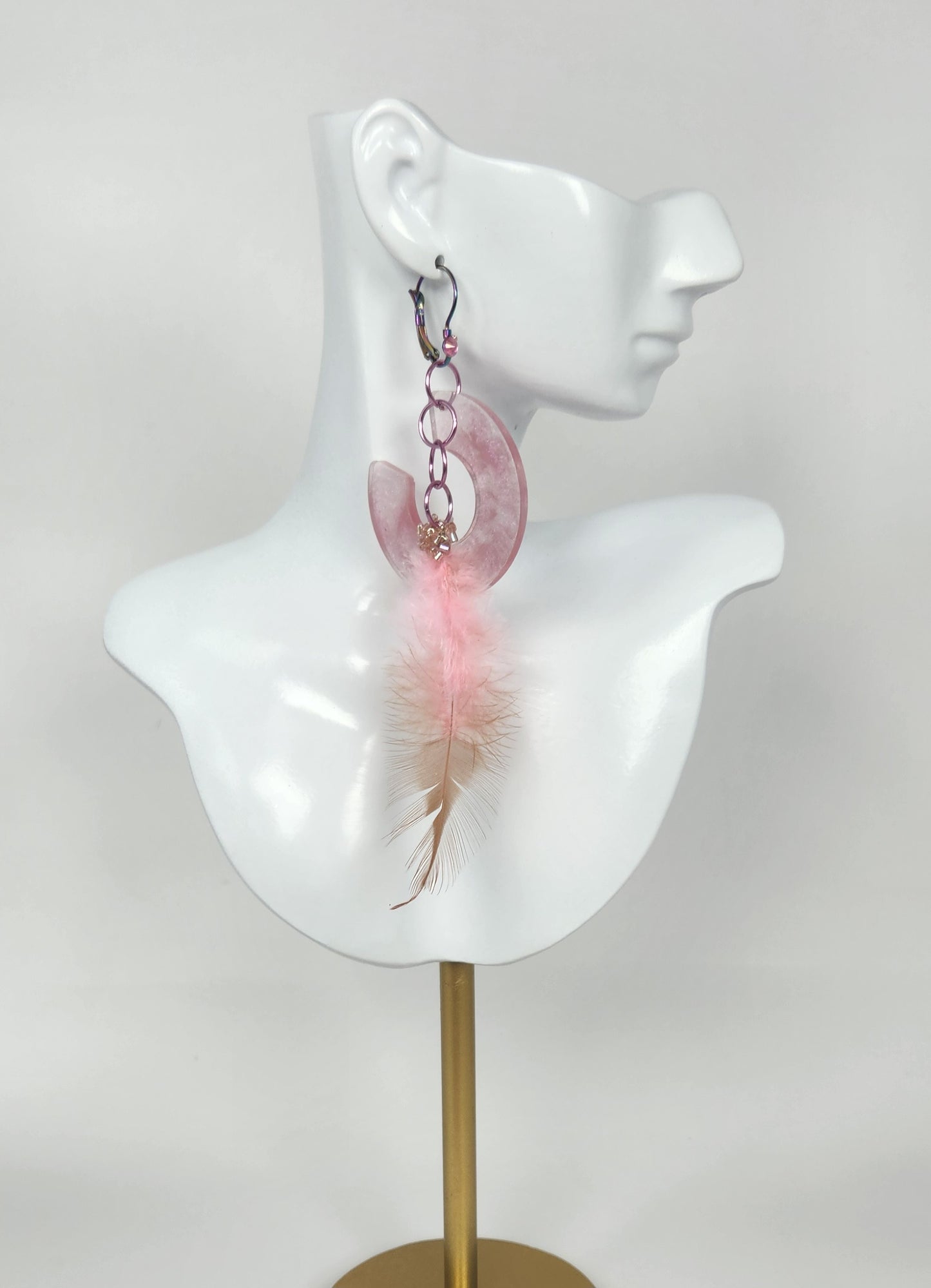 Lovely Pink Open End Hoops with a Hanging Pink Faux Feather