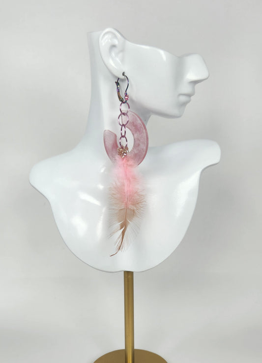 Lovely Pink Open End Hoops with a Hanging Pink Faux Feather