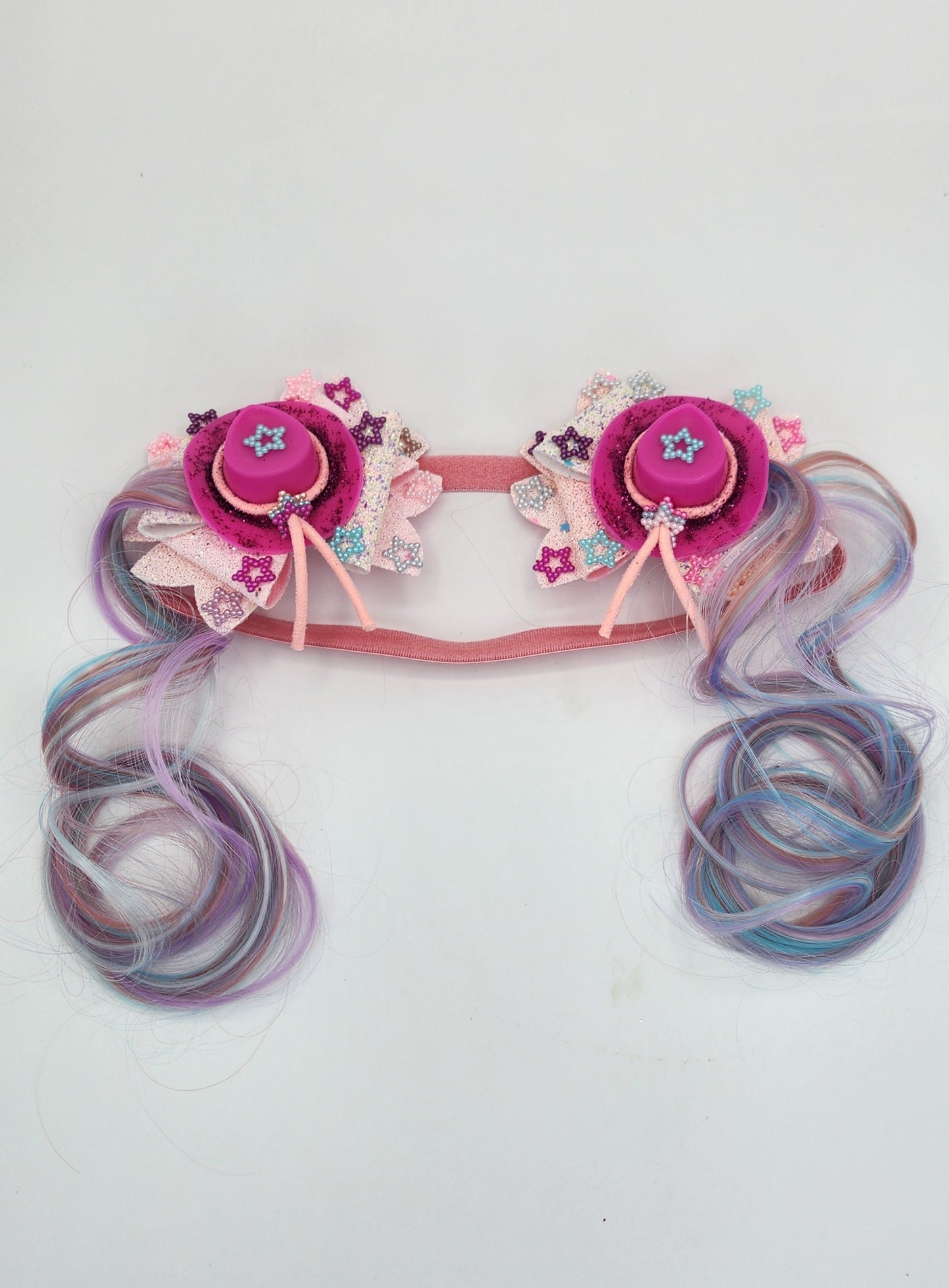 HOTT Pink Cowgirl Hat Hair Bow Headband w/ Artificial Pastel Hair