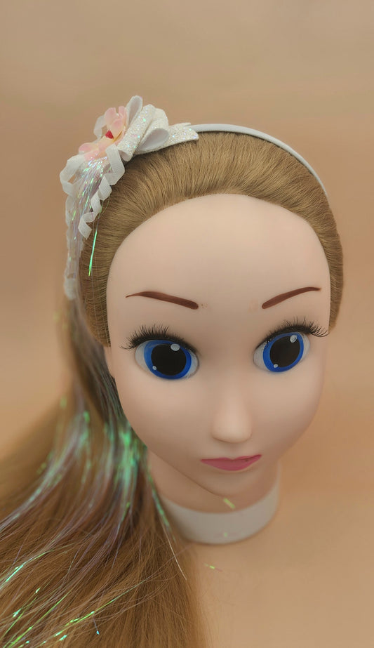 Angelic Headband w/White Flowered Bow and Iridescent Tinsel