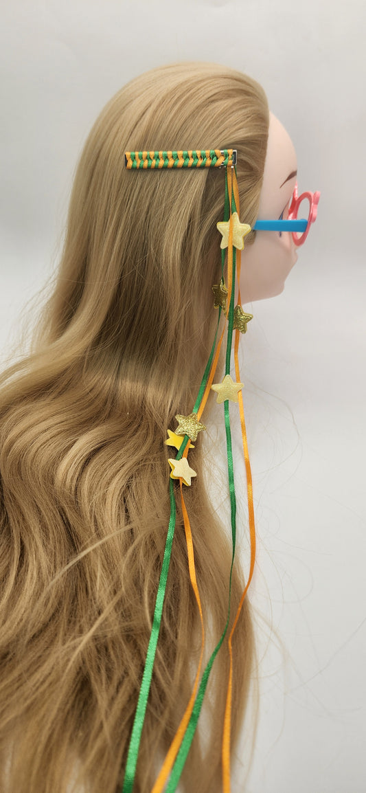 Hair Clip with Green and Yellow Dangling Ribbon and Stars