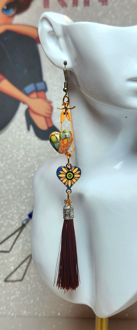 Double Heart Earrings w/Tassel