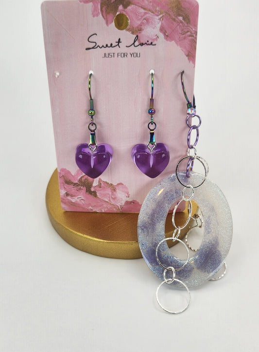 Spotted Purple Hoop with Hearts Earring Set