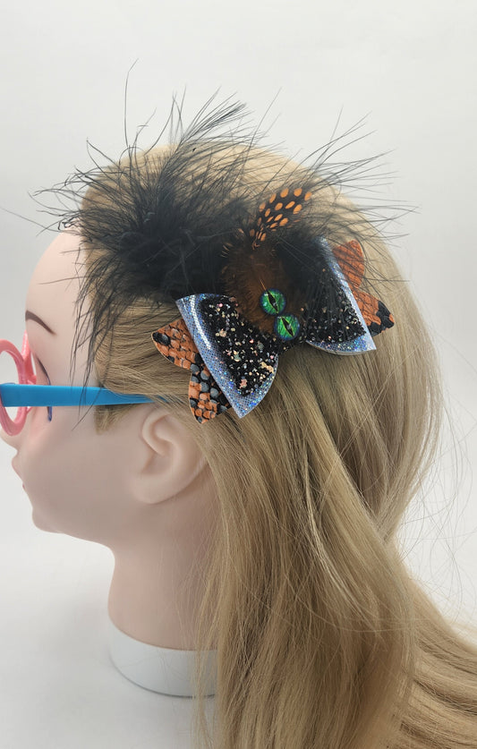 Black Faux Feather Green Eye Hair Bow