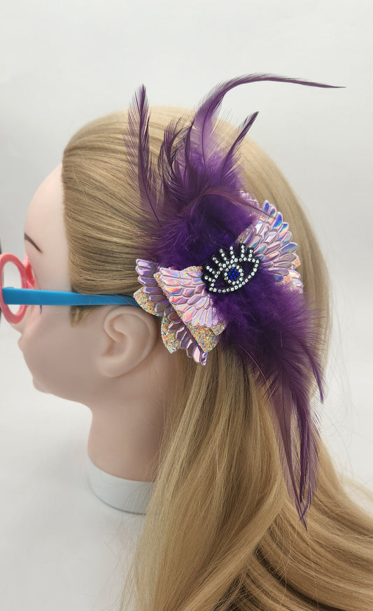 Purple Faux Feather Winged Eye Hair Bow