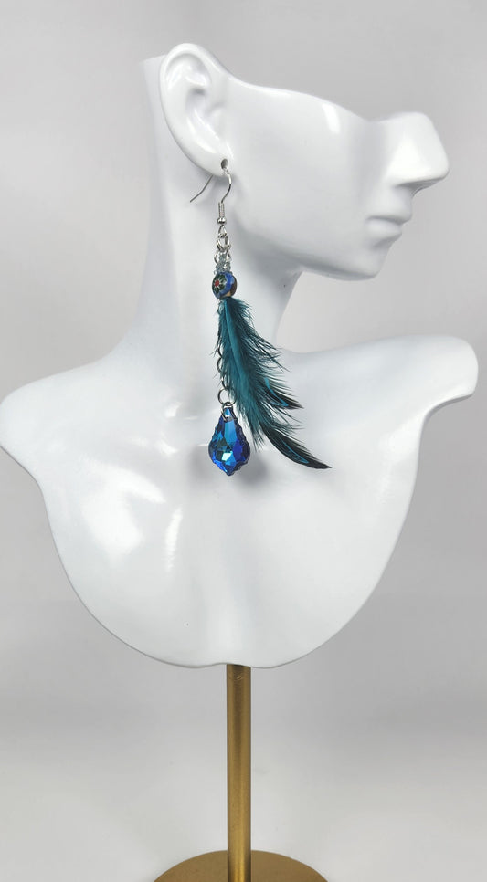 Teal Faux Feather with Faux Blue Crystal Teardrop