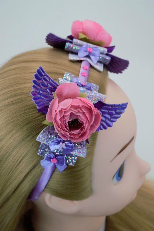 Purple Angel Wing Hair Bow Floral Headband