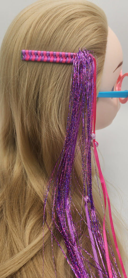 Hair Clip with Pink and Purple Dangling Ribbon and Purple Tinsel