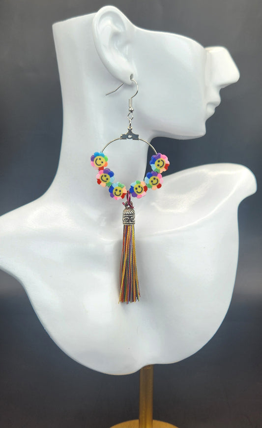 Colorful Smiley Flower Beads and Tassel Hoop Earrings