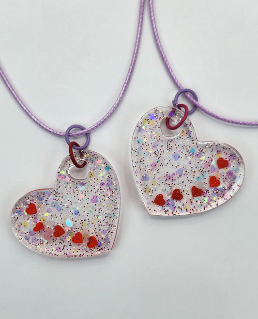 BFF Iridescent Glitter Red Heart Necklace Set