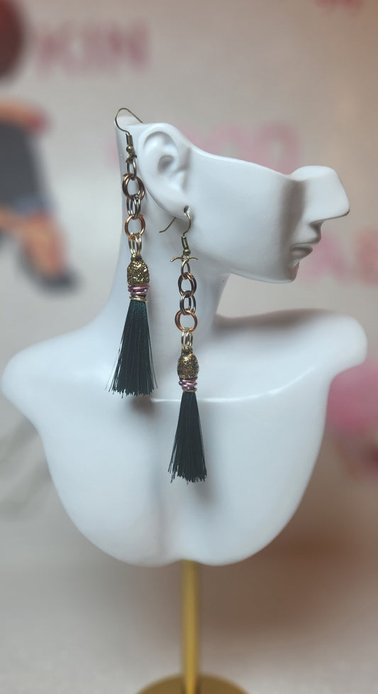 Forest Green Tassel Earrings with Multi-colored Rings