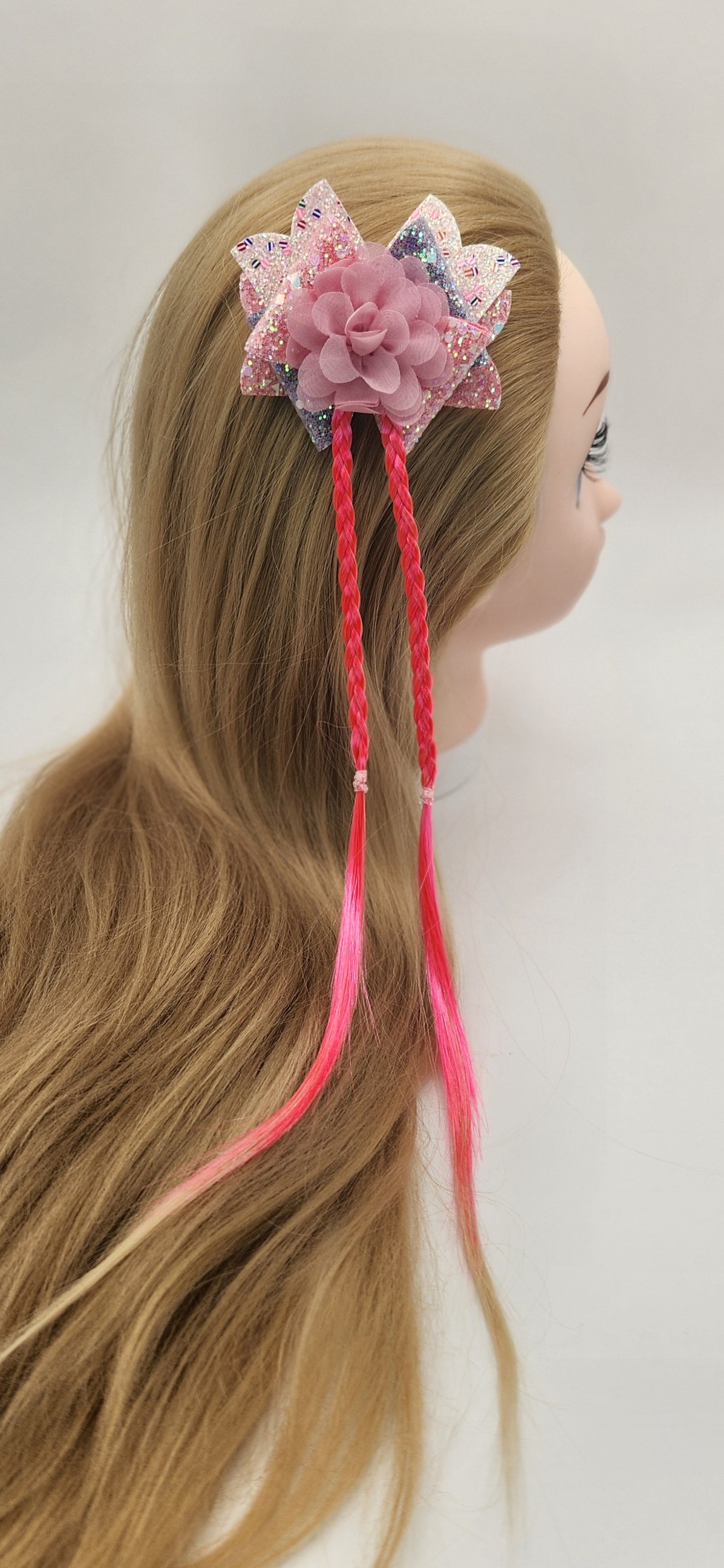 Iridescent Pink & Purple Hair Bow with Chiffon Flower & Hot Pink Artificial Hair