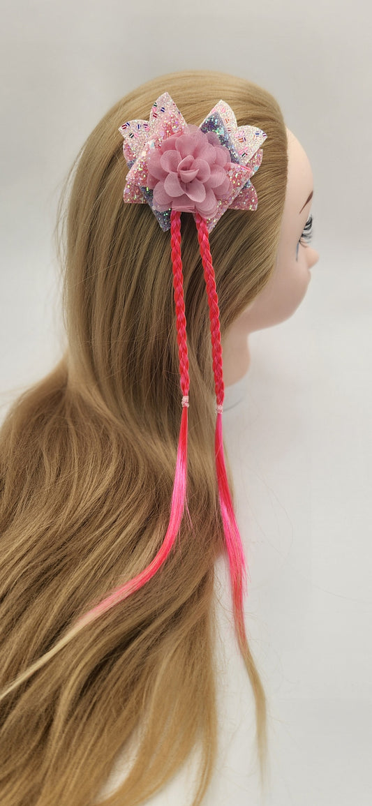 Iridescent Pink & Purple Hair Bow with Chiffon Flower & Hot Pink Artificial Hair