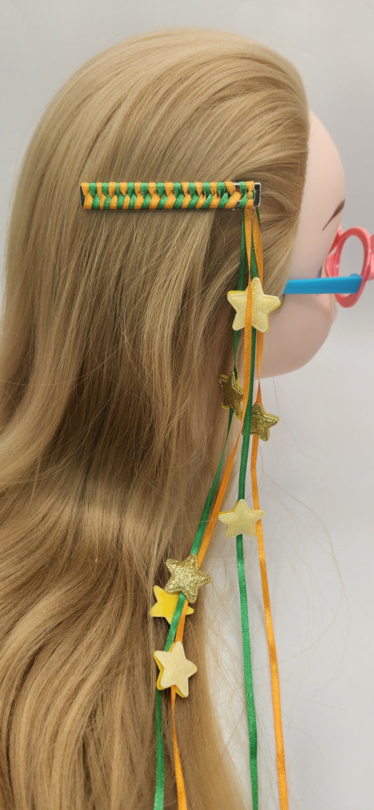 Hair Clip with Green and Yellow Dangling Ribbon and Stars