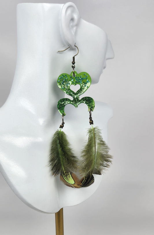 Green Resin Heart with Green Faux Feather Earrings