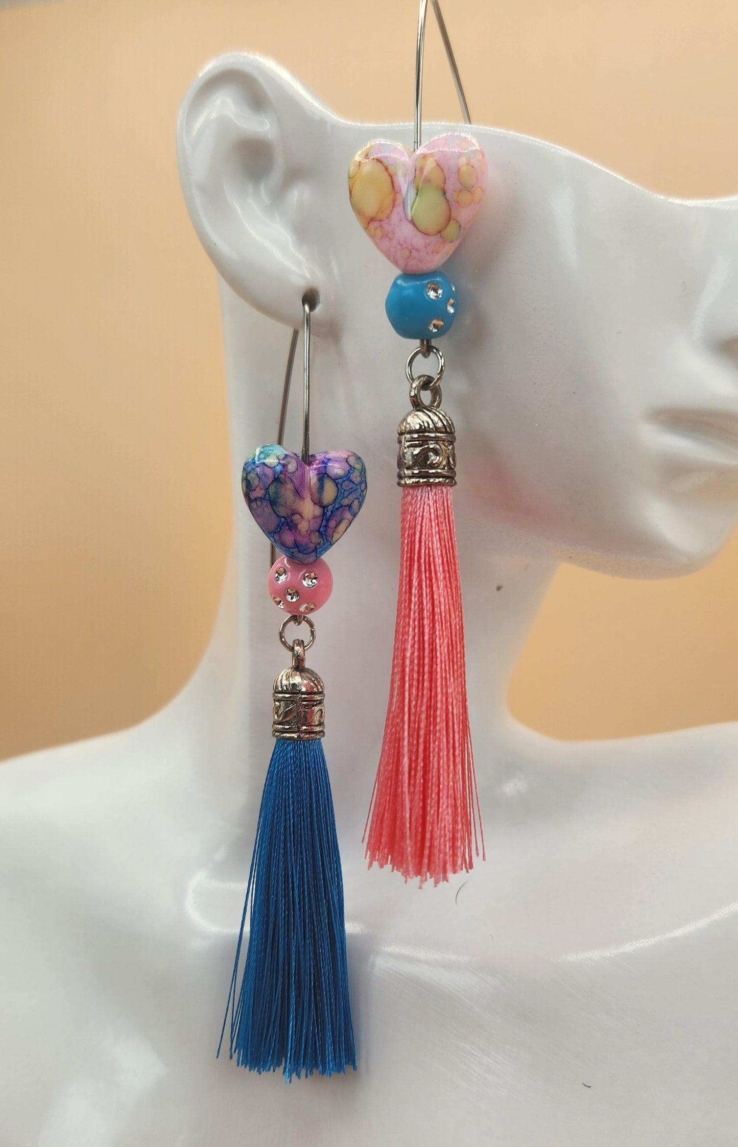 Mix-Matched Pink & Blue Heart Earrings w/Tassels